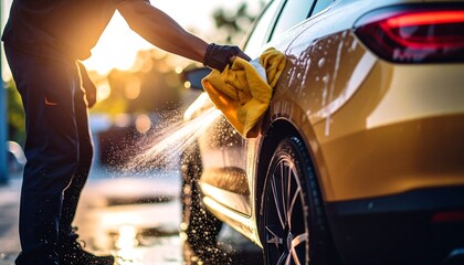 Person washing car at sunset