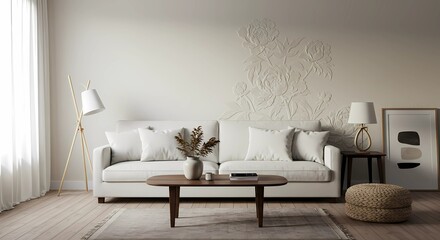 Chic minimalist living room featuring embossed peony floral design on a pale sand-colored wall.