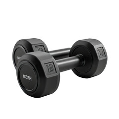 Pair of matte black dumbbells, isolated on a stark black background
