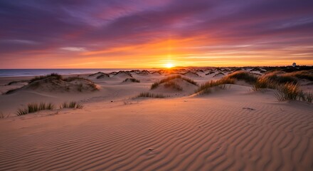 A captivating sunrise over sandy dunes along the coastline, creating a picturesque natural scene