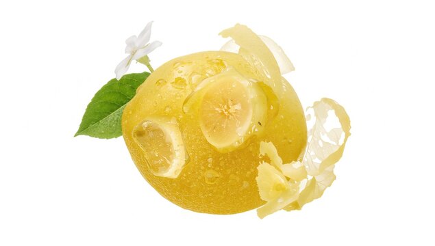 Slices of lemon with water droplets and floral design on a white backdrop. Clipping path included. - Powered by Adobe