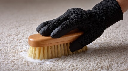 Hand wearing a black textured glove scrubs a carpet with a wooden brush and bristles
