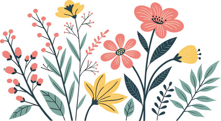 Beautiful romantic flower collection vector illustration of colorful floral collection featuring various flowers, leaves, and branches in flat modern style. Includes floral bouquets, flower compositio