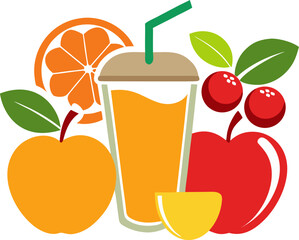  Mixed fruit juice with orange, apple, mango, and berries. silhouette vector icon , white background 