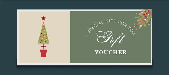 Christmas  luxury gift vouchers with green pine. Elegant template for holiday gift card, coupon and certificate. Discount coupon template vector illustration EPS10	
