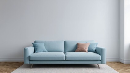 Showcase the vibrant very peri palette in your lounge area with a cornflower blue couch and a newly painted blank wall ahead.