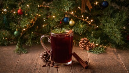 Festive mulled wine accompanied by holiday pine cones and a decorated tree