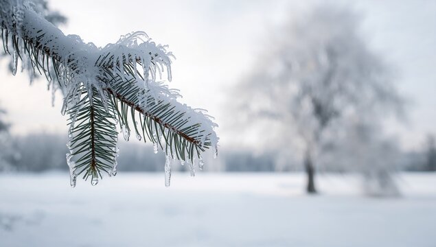 Icy pine twig covered with frost and snow