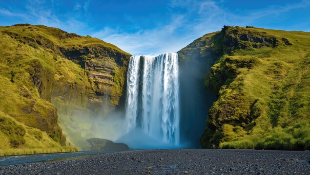 Summer view of a beautiful waterfall surrounded by nature