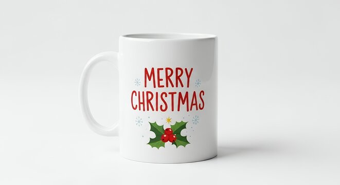 White mug with Merry Christmas text and holly design