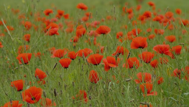 Numerous vibrant red flowers of Papaver rhoeas scattered across a lush green meadow