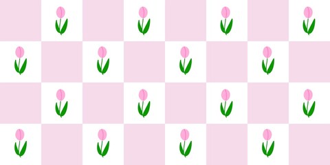 Cute pink floral checkerboard pattern with tulip illustrations, perfect for spring backgrounds, wallpapers, or decorative designs.