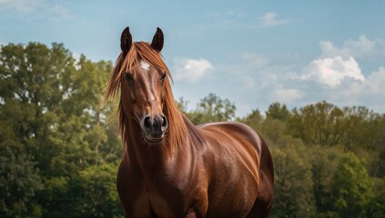Obraz premium Horse standing in front of a wooded area