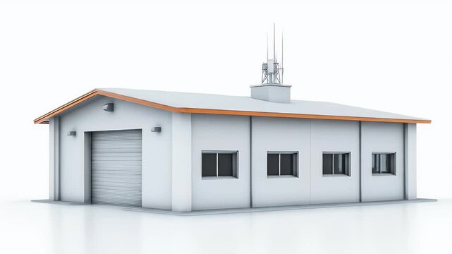 Modern White Industrial Building with Roller Door on White.