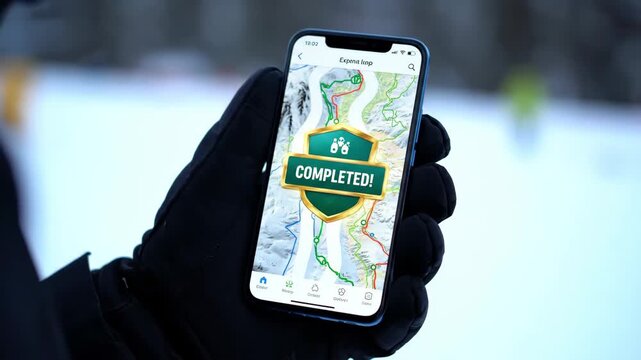 Man holding smartphone with map and completed challenge notification for winter sport activity, digital tracking concept.