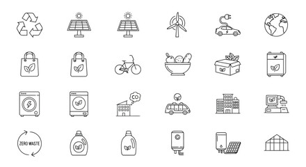 Vector illustration of set of outline icons for green living, including recycling, solar power, electric vehicles, and organic products
