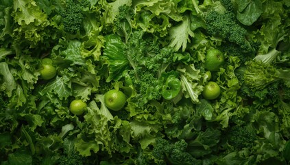 Fresh salad assortment as the backdrop. Overhead shot.