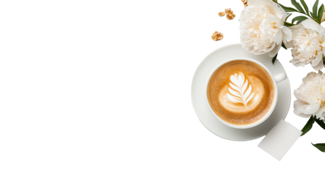 Latte Art and Flowers with a Blank Tag on Transparent Background