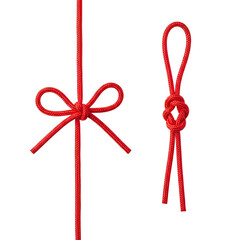 Close-up of two red knotted ropes, one a bow, the other a loop