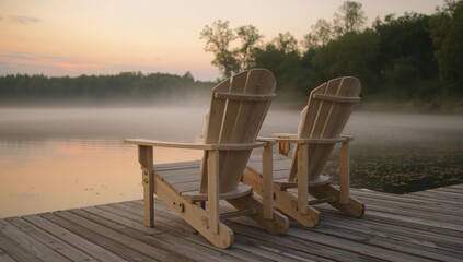 Sunrise over a lake with mist and wooden lounge chairs on a pier