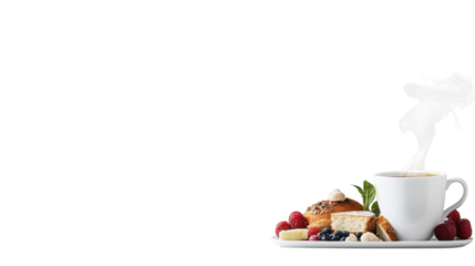 Coffee and Pastries on a Plate with Steam on Transparent Background