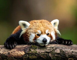 A captivating red panda rests on a log, showcasing its distinctive fur and curious gaze