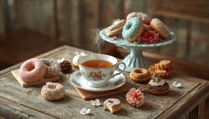 Fototapeta premium Ingredients of tea paired with donuts