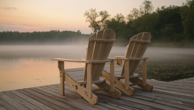 Sunrise over a lake with mist and wooden lounge chairs on a pier