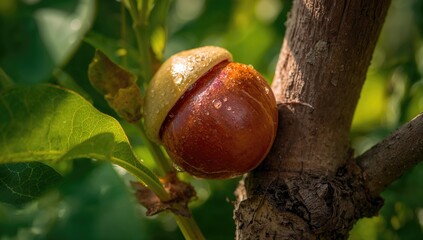 Close-up macro of hazelnut fruit on a tree branch during late summer