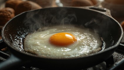 Enigmatic fried egg crackling in a pan