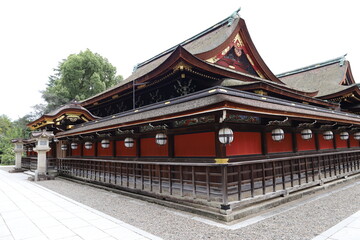 A Japanese shrine : a scene of the back side of Hon-den Main Hall in the precincts of Kitano-tenmangu Shrine in Kyoto City