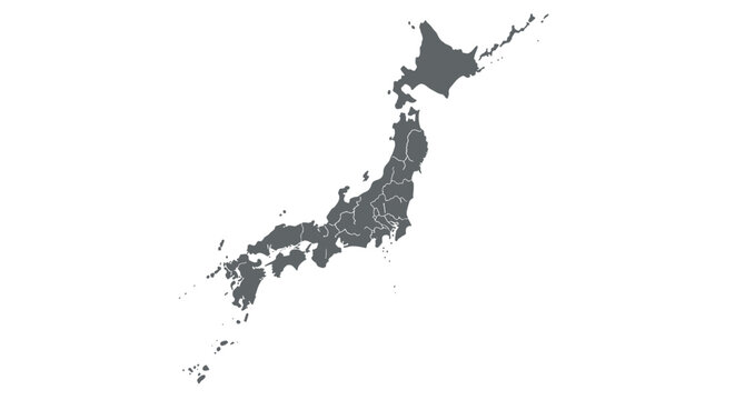 Detailed map of japan with prefectural borders in grey silhouette