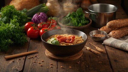 Healthy vegetable pasta with rice noodles in a wooden kitchen setting