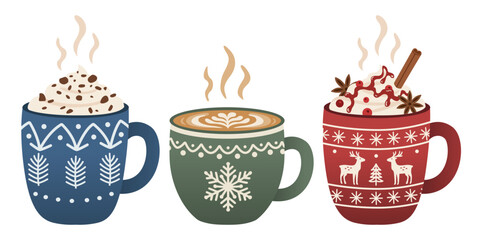 three festive mugs of hot chocolate, latte, and spiced drink for winter holidays, Christmas collection