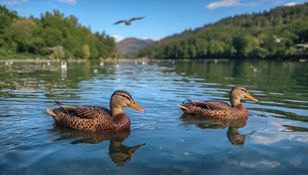 Two wild ducks swimming in natural lake water, birds in their habitat - Powered by Adobe