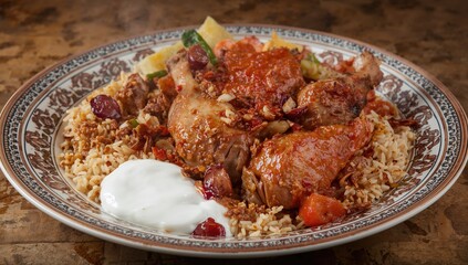 Traditional Middle Eastern chicken and rice specialty, a popular spiced Kabsa or Biryani meal