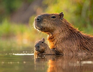 A capybara mother and baby enjoy a serene moment in tranquil water, backlit by golden sunlight