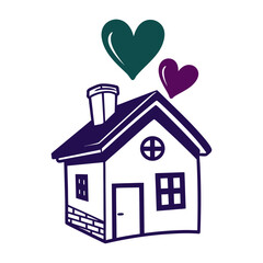 Cute House Icon with Hearts, New Home Symbol A simple house icon with two hearts above the chimney symbolizing a new home