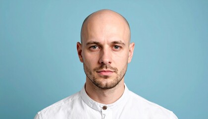 Fototapeta premium Serious Bald Man Portrait on Blue Backdrop