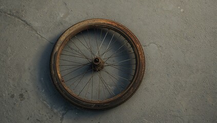 Vintage bike rim with a flat tire lying on cement ground