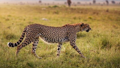 A cheetah strolling through the grasslands