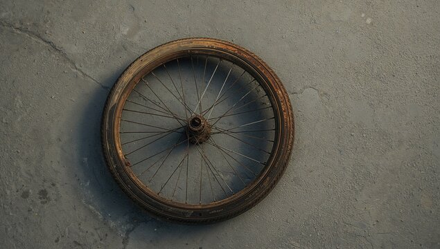 Vintage bike rim with a flat tire lying on cement ground