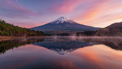 Sunrise over a tranquil lake with a mountain mirror image
