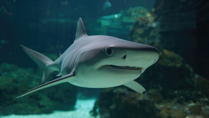 Naklejka premium Close-up of a sand tiger shark swimming underwater in an aquarium setting