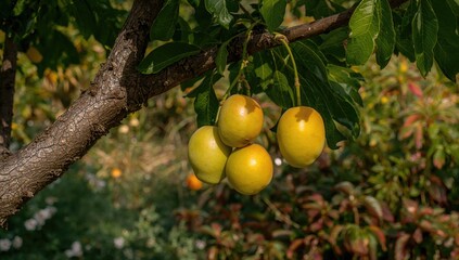 Branch with yellow plums maturing in an orchard