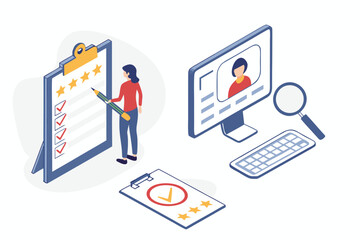 Vector art of person filling out a survey with stars and checkmarks, computer with profile and keyboard