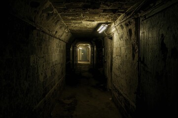 Dim hallway inside an ancient subterranean military shelter beneath a heavy artillery stronghold.