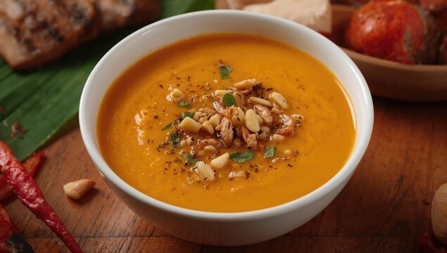 Creamy orange soup topped with nuts and fresh herbs