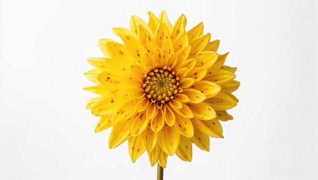 Vibrant yellow dahlia with spots on a plain white backdrop. A theme of autumn romance.