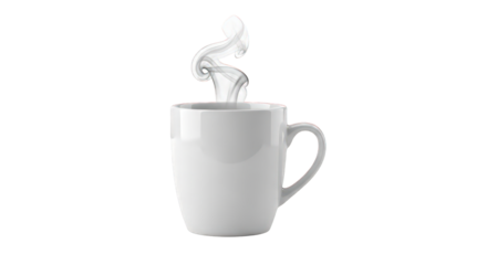 White mug with hot drink and steam on transparent background
